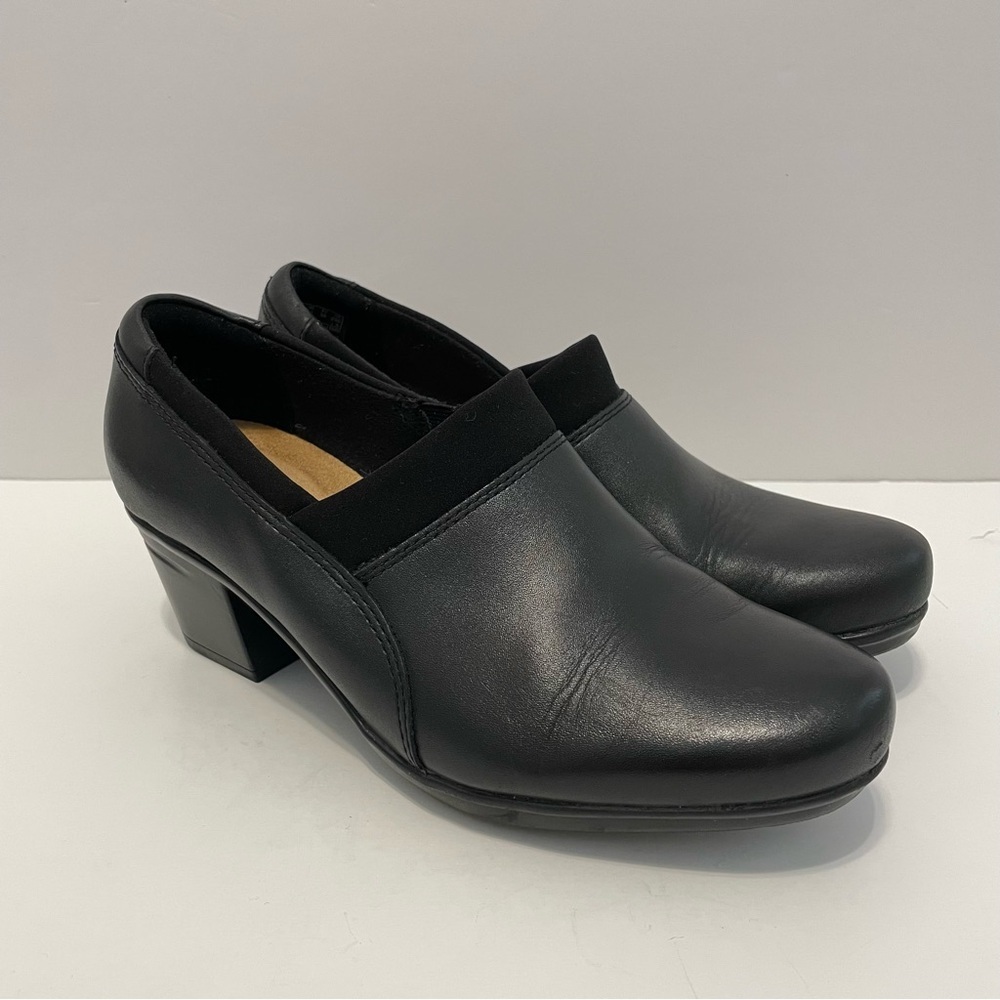 Clarks Women's Emslie Summit Black Leather Slip On Heeled Loafers Shoes Size 7.5